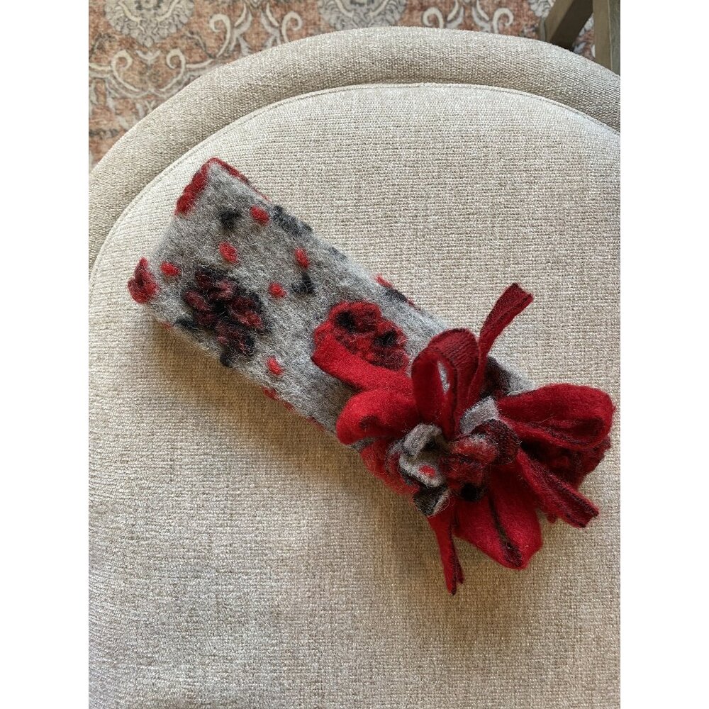 Lafenice Gray Wool Blend Ear Cover Headband Red Detail Winter